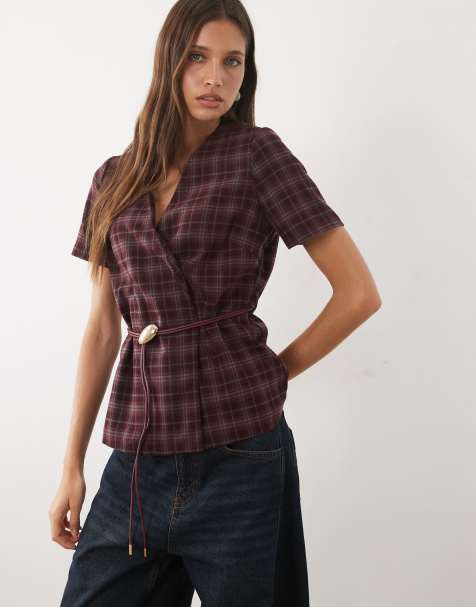 Threadbare tailored belted top in burgundy check print  - view 1