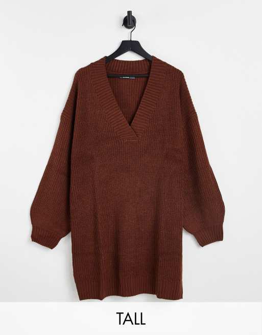 Threadbare Tall - Adeline - Trui-jurk met V-hals in chocoladebruin