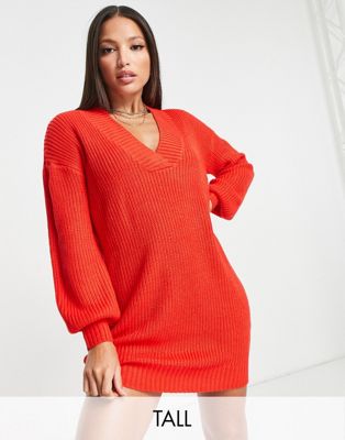 Threadbare Tall Adeline v neck knitted mini dress in red - ASOS Price Checker