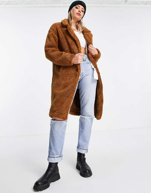 Threadbare Tall Bear oversized borg coat in tan