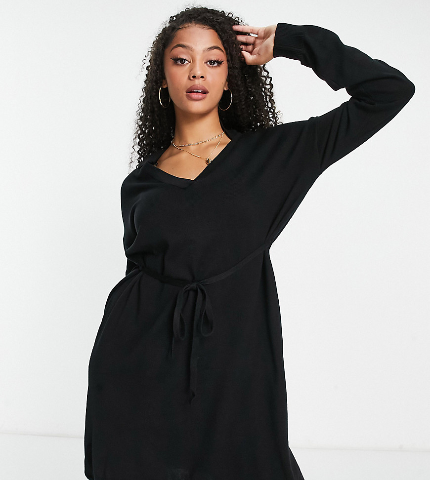 Threadbare Tall belted knitted mini dress in black