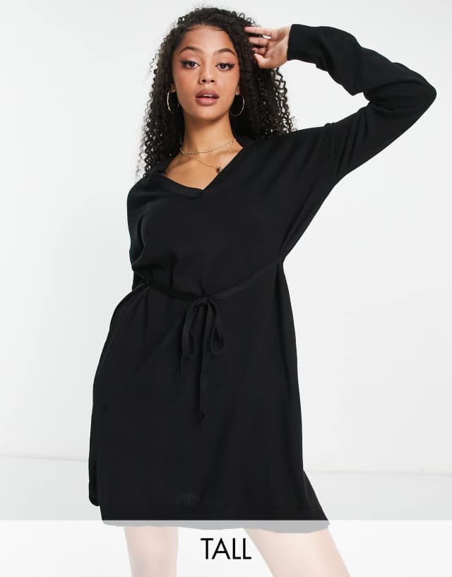 Threadbare Tall belted knitted mini dress in black