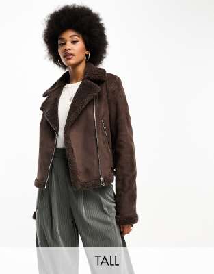 Threadbare Tall Betsy suedette aviator jacket with borg trims in chocolate brown