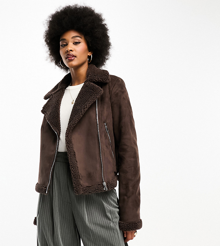 Threadbare Tall Betsy suedette aviator jacket with borg trims in chocolate brown