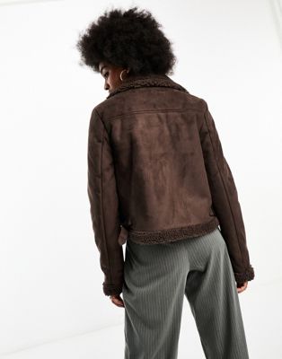 Threadbare Tall Betsy suedette aviator jacket with borg trims in chocolate  brown