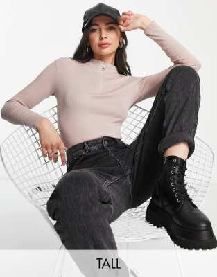 Threadbare Tall - Body a maniche lunghe accollato color tortora a coste con zip corta
