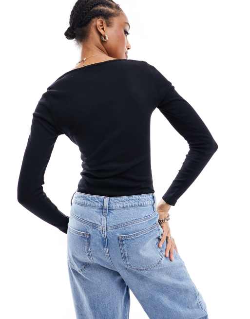 Threadbare Tall - Body a maniche lunghe nero a coste con scollo squadrato, 4 di 4