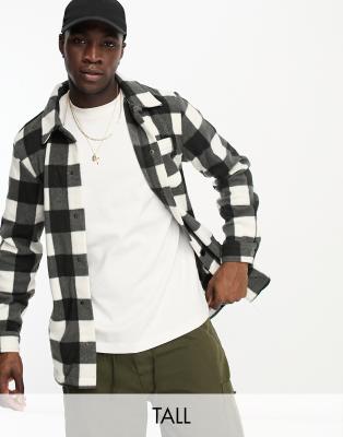 Threadbare Tall borg button up check shacket in black - ASOS Price Checker