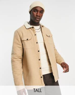 Threadbare Tall borg lined overshirt shacket in camel - ASOS Price Checker