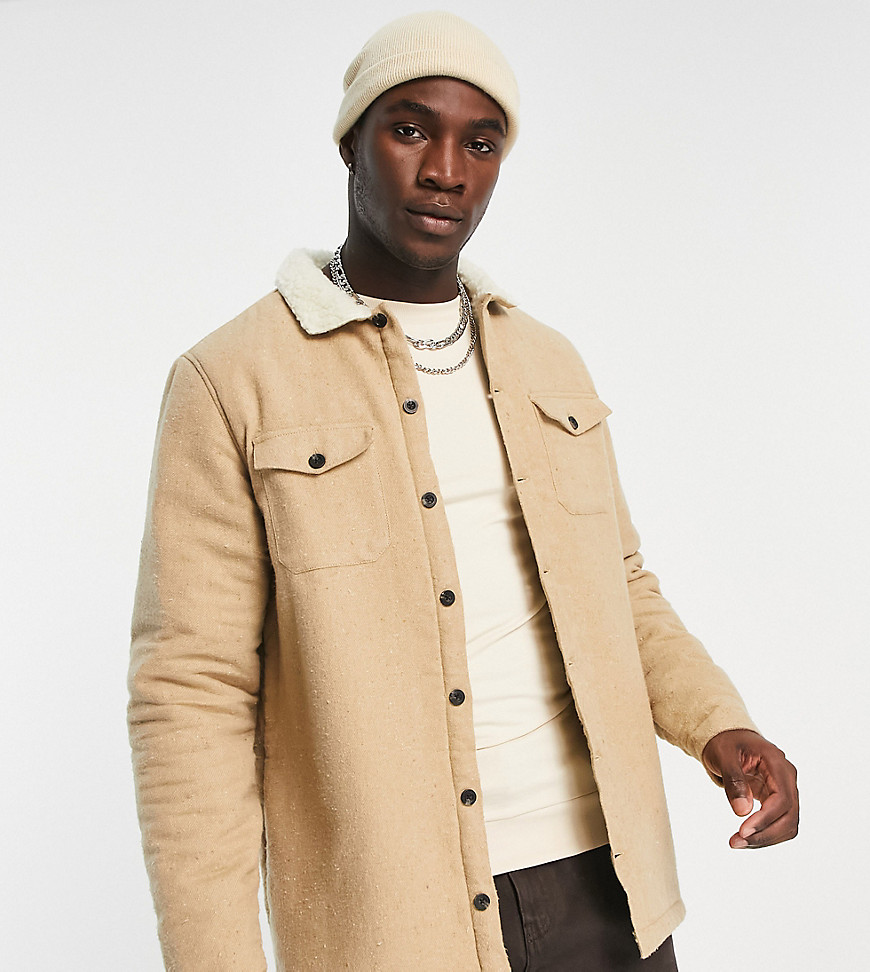 Tall borg lined overshirt shacket in camel-Neutral