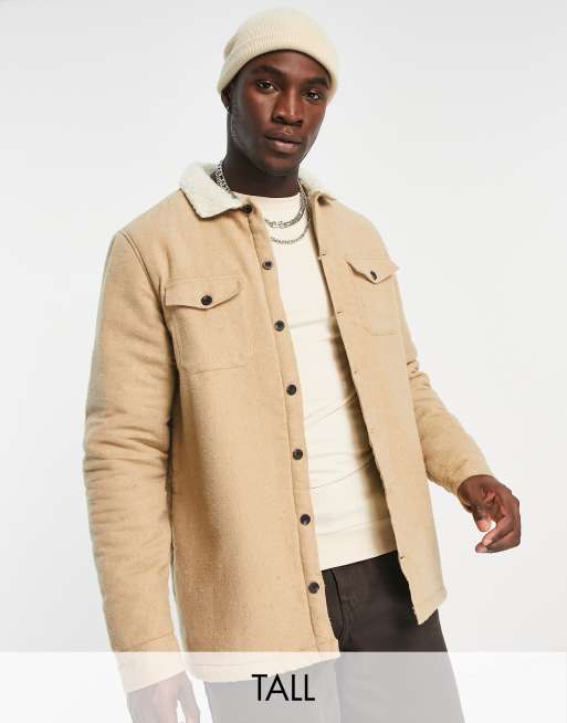 Threadbare Tall borg lined overshirt shacket in camel | ASOS