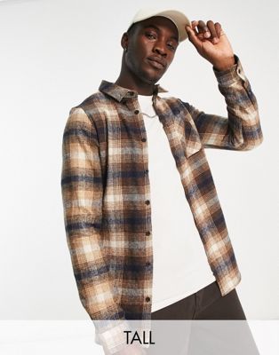 Threadbare Tall check shirt in brown and navy - ASOS Price Checker