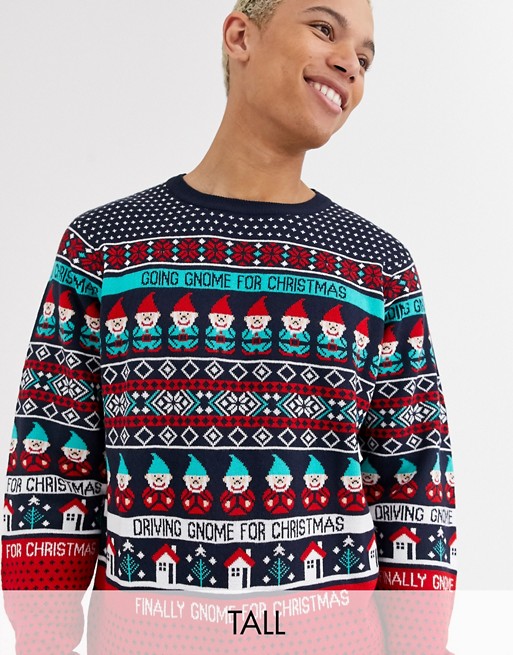 Threadbare Tall christmas novelty gnome jumper in red