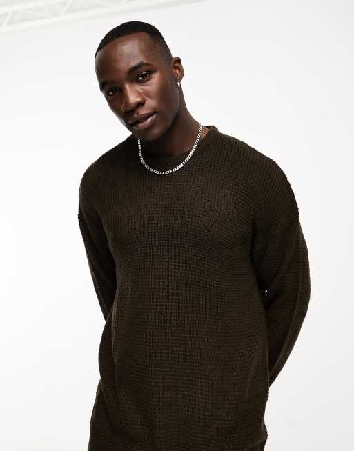 Threadbare Tall – Ciemnozielony gruby sweter o waflowej strukturze