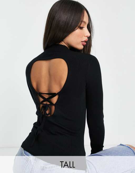 Threadbare Tall – Cleopatra – Pullover in Schwarz mit Rückenausschnitt und Schnürung