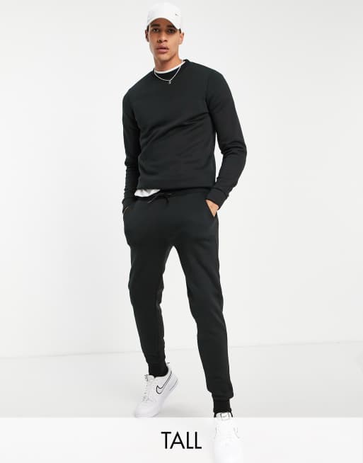 Threadbare Tall crew neck sweatshirt sweatpants tracksuit set in black