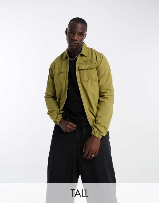 Threadbare Tall full zip twin pocket shacket in olive green | ASOS