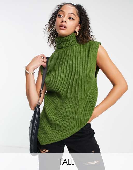 Threadbare Tall Gotham high neck knitted singlet in khaki