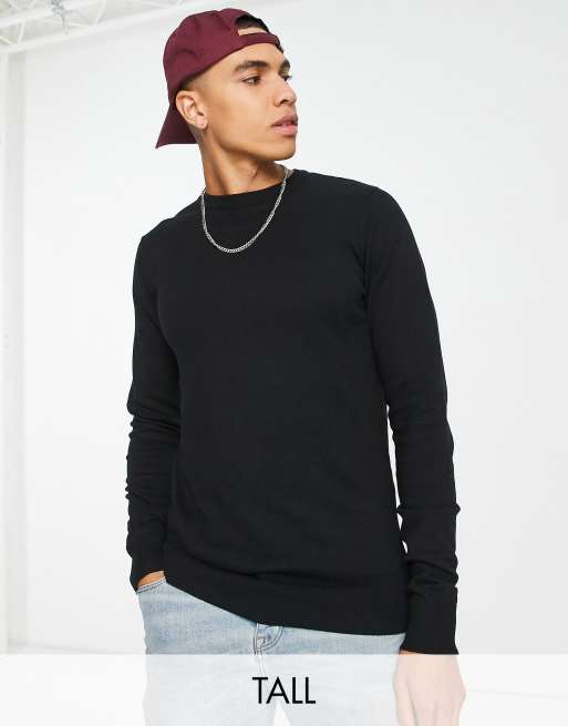 Threadbare Tall - Katoenen trui met ronde hals in zwart