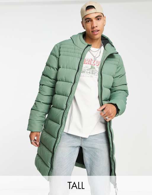 Threadbare Tall - Lang gewatteerd puffer jack met capuchon in bleek groen