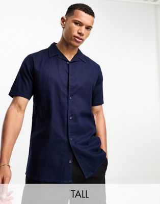 Threadbare Tall linen blend revere shirt in navy - ASOS Price Checker