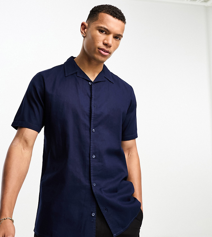 Threadbare Tall linen blend revere shirt in navy