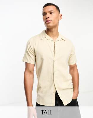 Threadbare Threadbare Tall linen blend revere shirt in stone-Neutral