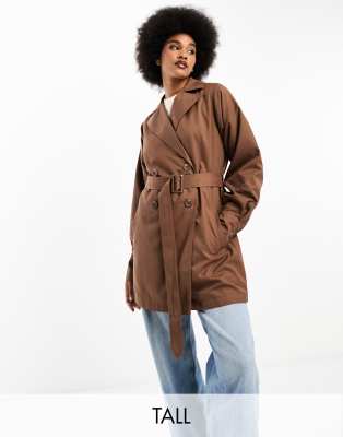 Threadbare Tall Lou short belted trench coat in brown