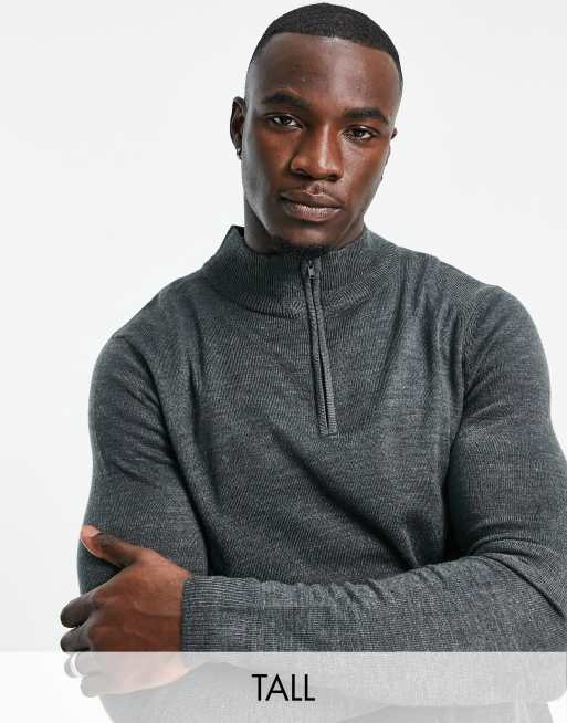 Threadbare Tall - Maglione con scollo a imbuto morbido con zip corta color antracite