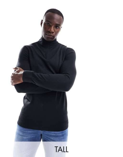 Threadbare Tall - Maglione morbido al tatto con collo a imbuto e zip corta, colore nero