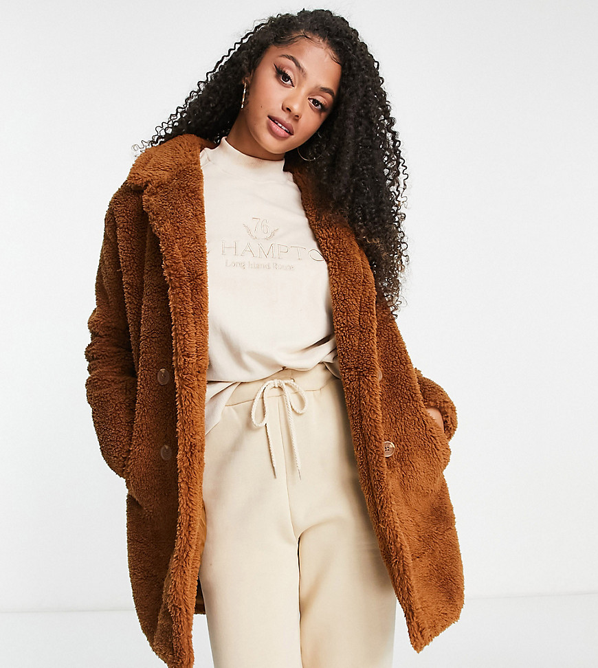 Threadbare Tall mid length borg coat in tan-Brown