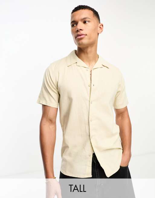 Threadbare Tall - Overhemd met reverskraag van linnenmix in stone