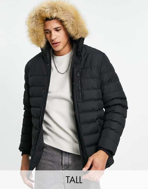 Men's Black Faux Fur Trim Hooded Padded Parka Jacket – Threadbare