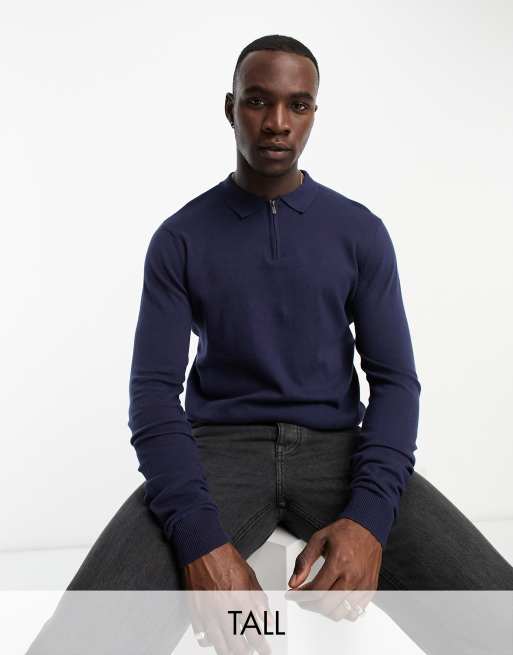 Threadbare Tall - Polo a maniche lunghe in maglia di cotone blu navy con zip corta