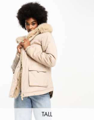 Threadbare Tall - Prune - Oversize-Parka in Steinbeige mit Kapuze mit Kunstpelzbesatz-Neutral