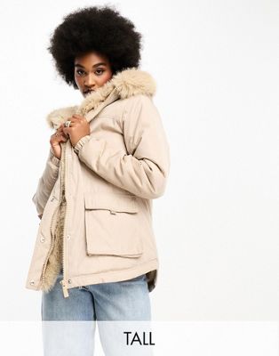 Threadbare Tall Prune oversized parka jacket with faux fur trim hood in stone - ASOS Price Checker
