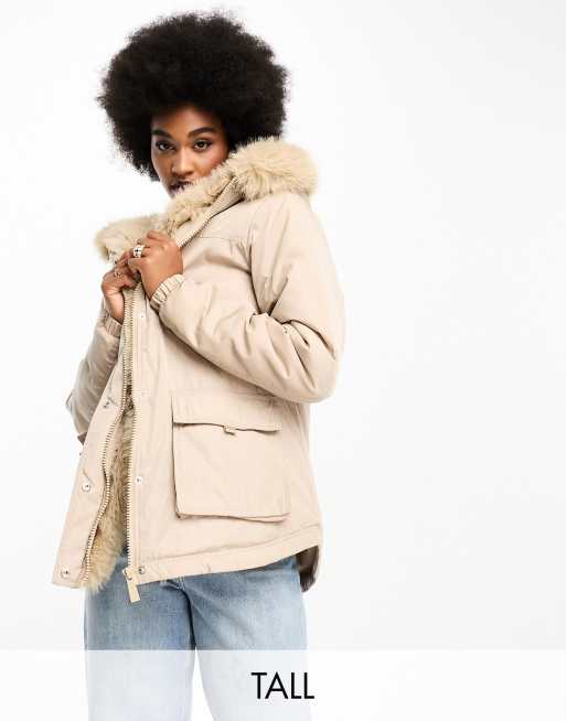 Threadbare Tall - Prune - Parka oversize color pietra con finiture in pelliccia sintetica