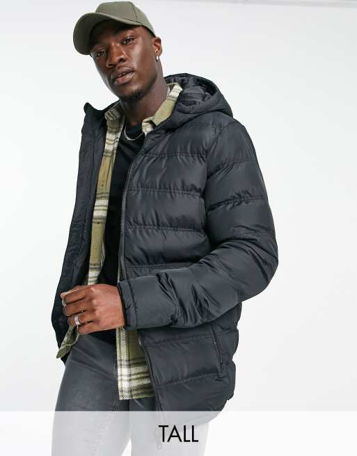 Threadbare Tall puffer jacket with hood in black | ASOS