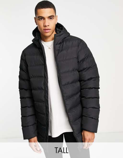 Threadbare Tall puffer jacket with hood in black | ASOS