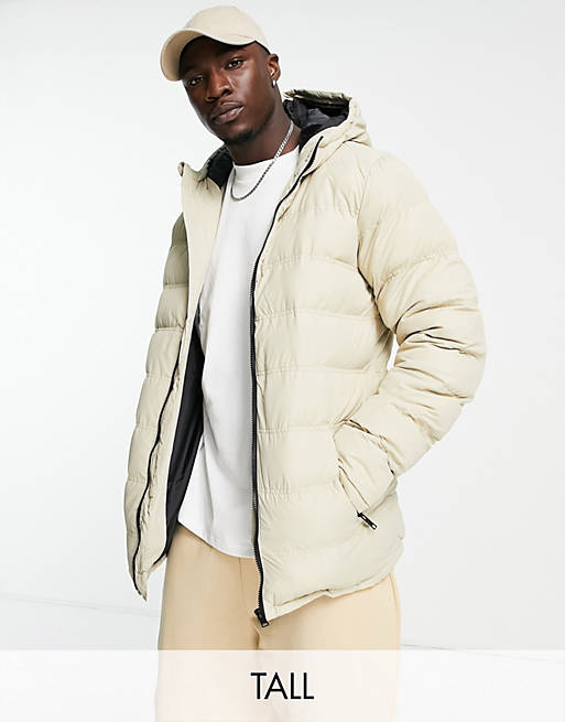 Threadbare Tall puffer jacket with hood in cream | ASOS