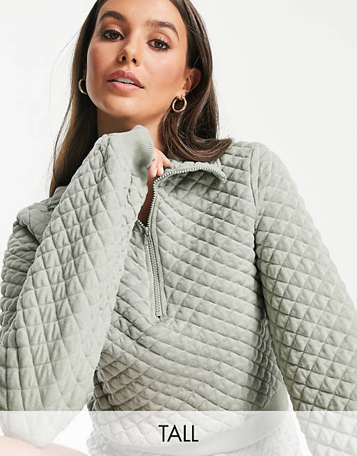 Threadbare Tall quilted half zip sweater co-ord in sage green