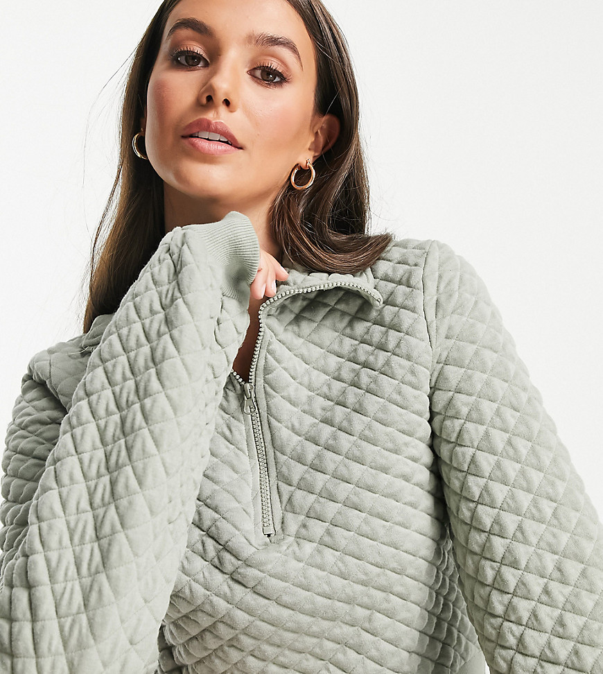Threadbare Tall quilted half zip sweater in sage green - part of a set