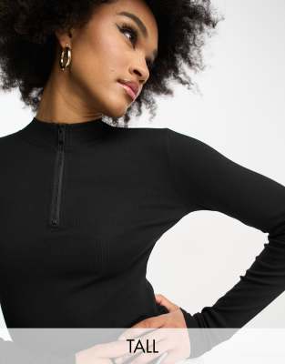 Tall ribbed high neck half zip long sleeve bodysuit in black