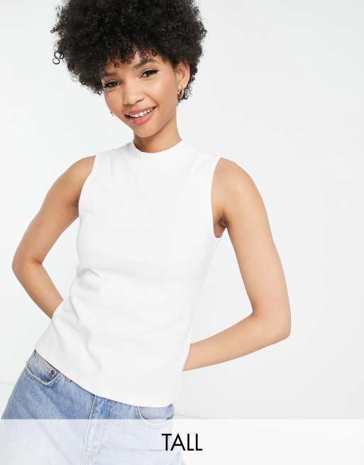 Threadbare Tall ribbed high neck tank top in white ASOS