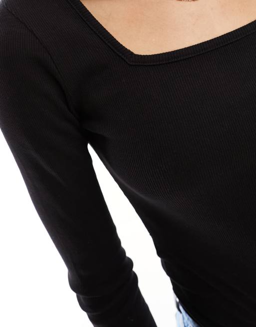 Threadbare Tall ribbed square neck long sleeve bodysuit in black, 3 of 4