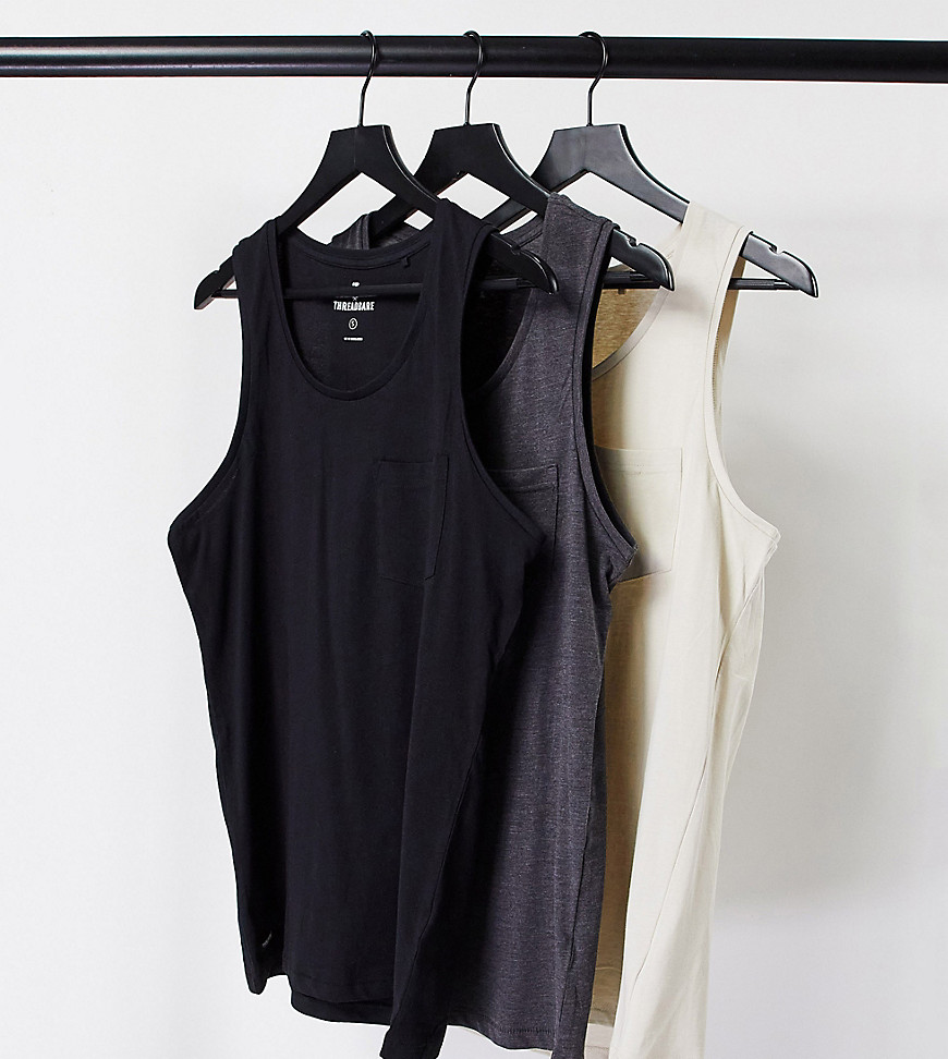 Threadbare Tall - Set van 3 hemdjes in zwart, antraciet en stone