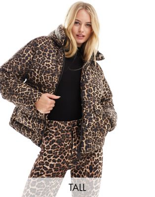 Threadbare Tall Ski puffer coat in leopard print