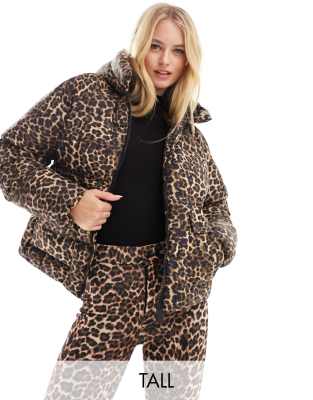 Threadbare Tall Ski puffer coat in leopard print Black