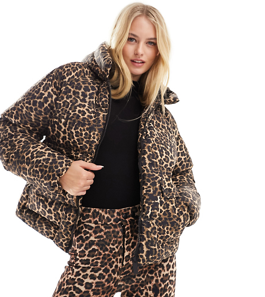 Threadbare Tall Ski puffer coat in leopard print-Black