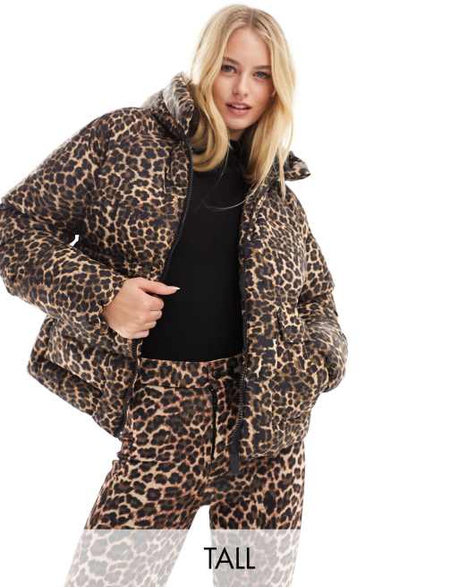 Threadbare Tall Ski puffer coat in leopard print